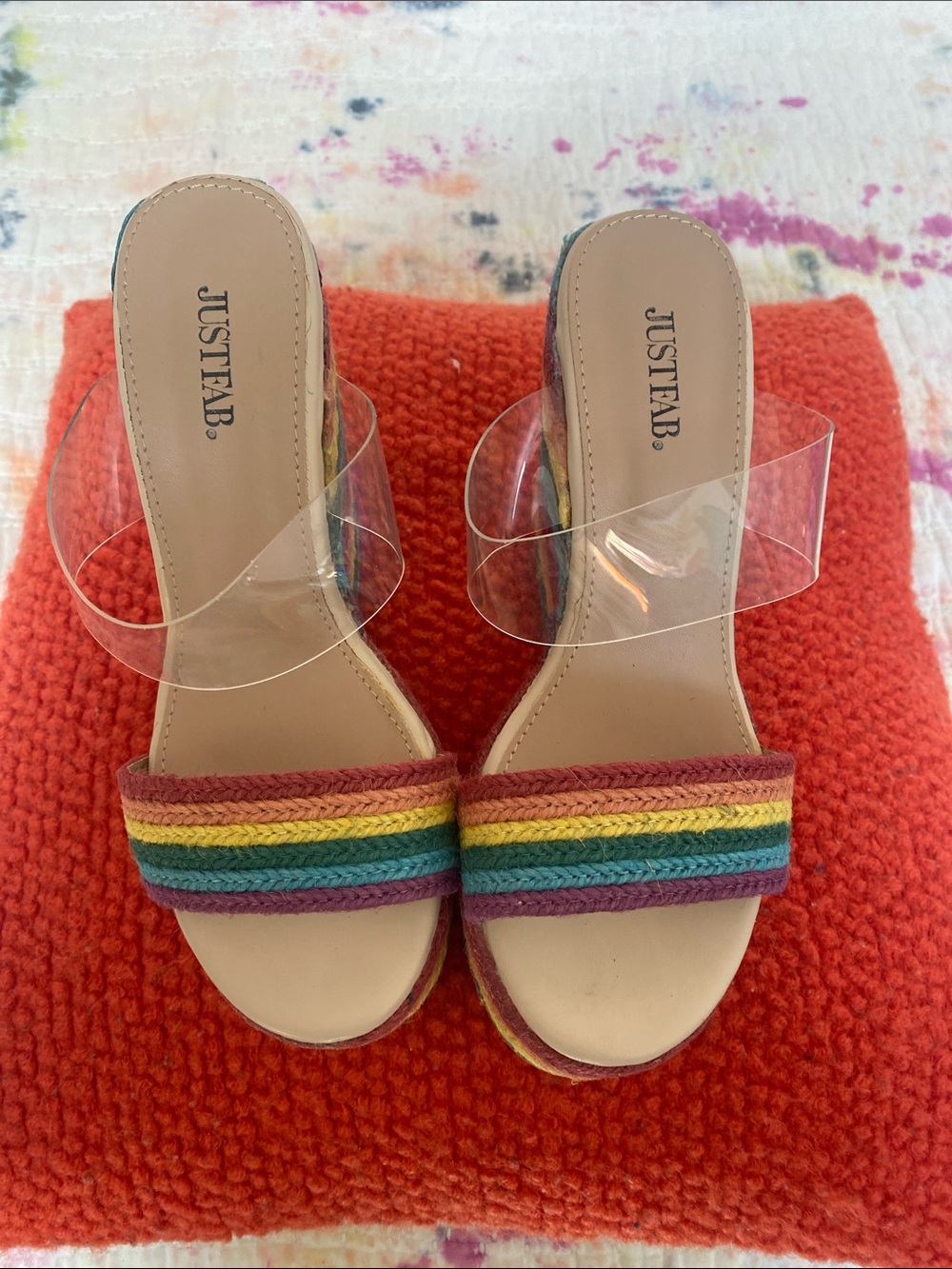 JustFab Multicolor Rainbow Stripe Clear Strap Slide Mules